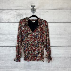 Entro Women's Black Colorful Floral Ruffle Spring Long Sleeve Blouse Size Small